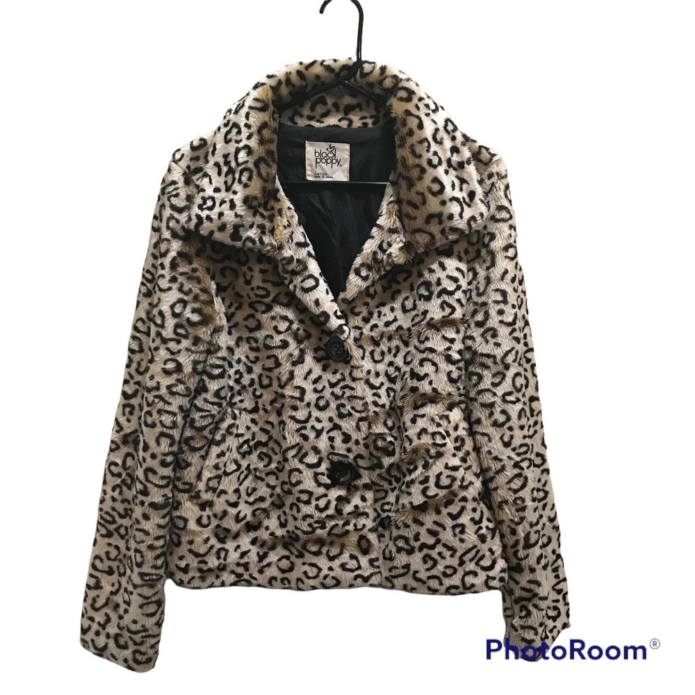 BLACK POPPY Faux Fur Leopard Jacket Women's Lined Coat L Front Buttons Pockets